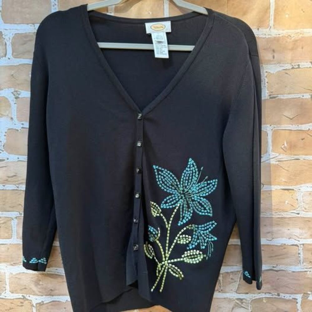 Vintage Talbots Black Embroidered Floral Cardigan Sweater Size L